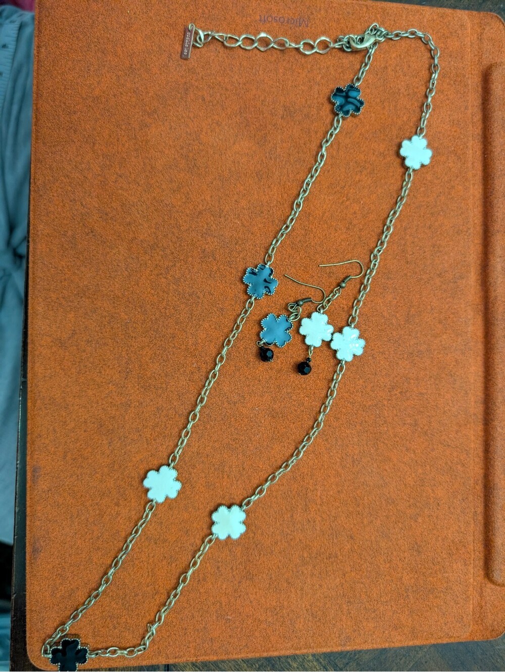Cookie Lee Enamel Clover Reversible Necklace & Earring Set Black Cream